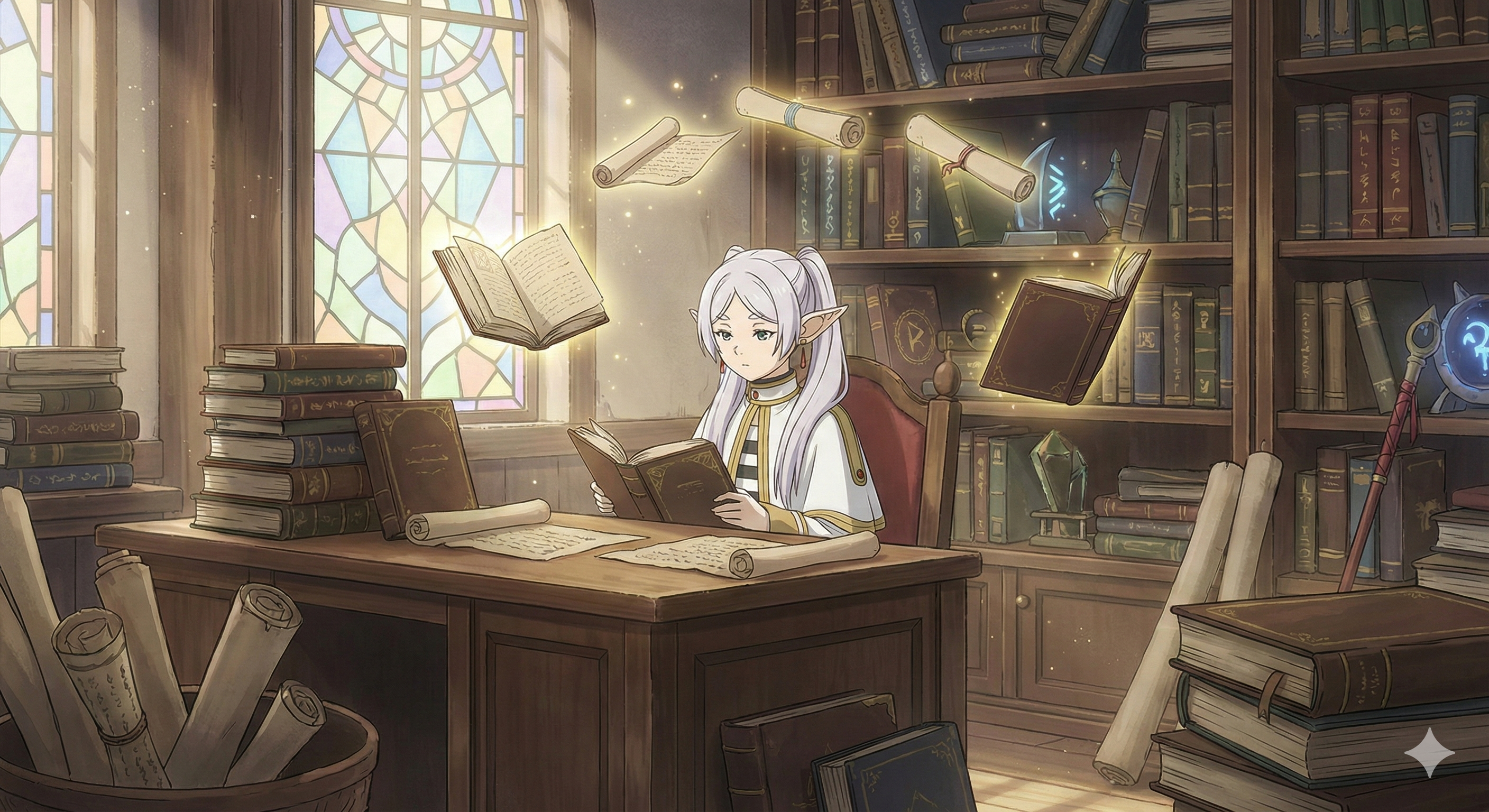 Búsqueda de información - Frieren leyendo grimorios antiguos