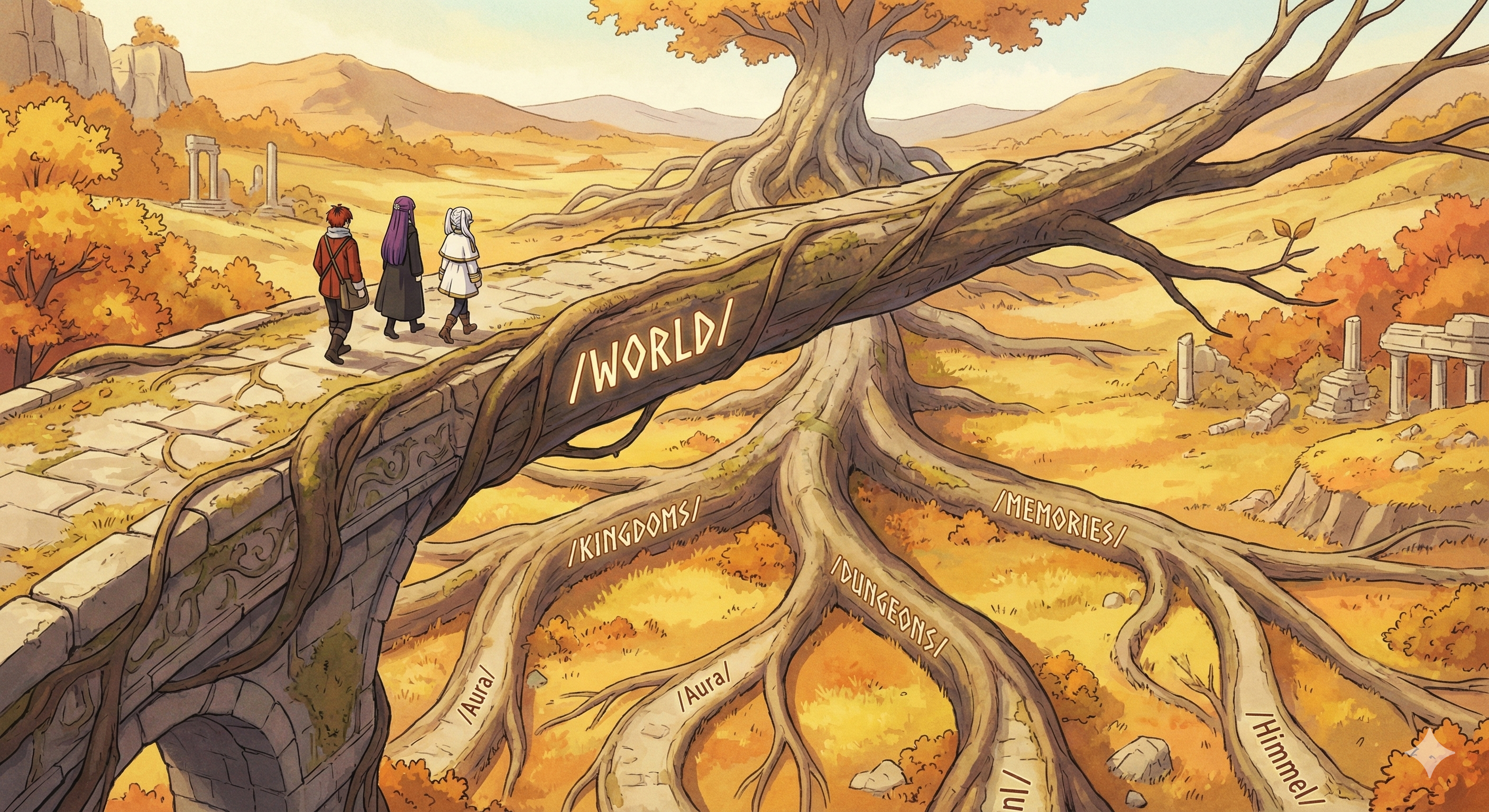 Navegación - Frieren y grupo viajando por un mapa de árbol de directorios