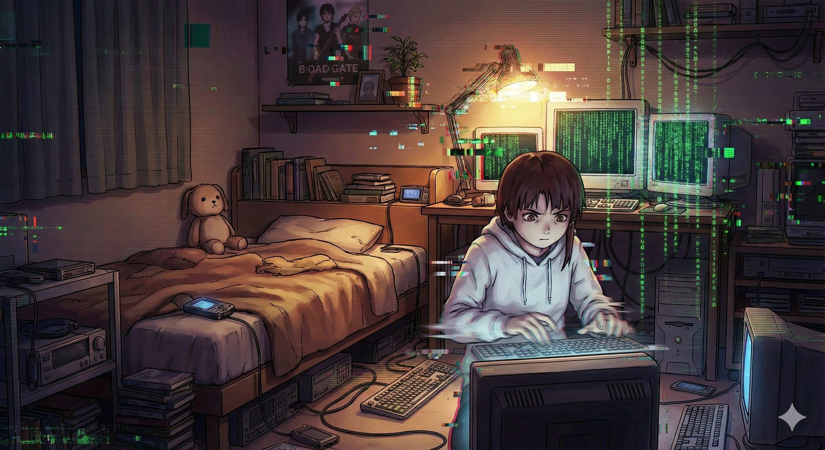 Atajos - Lain tecleando a alta velocidad con efectos de glitch