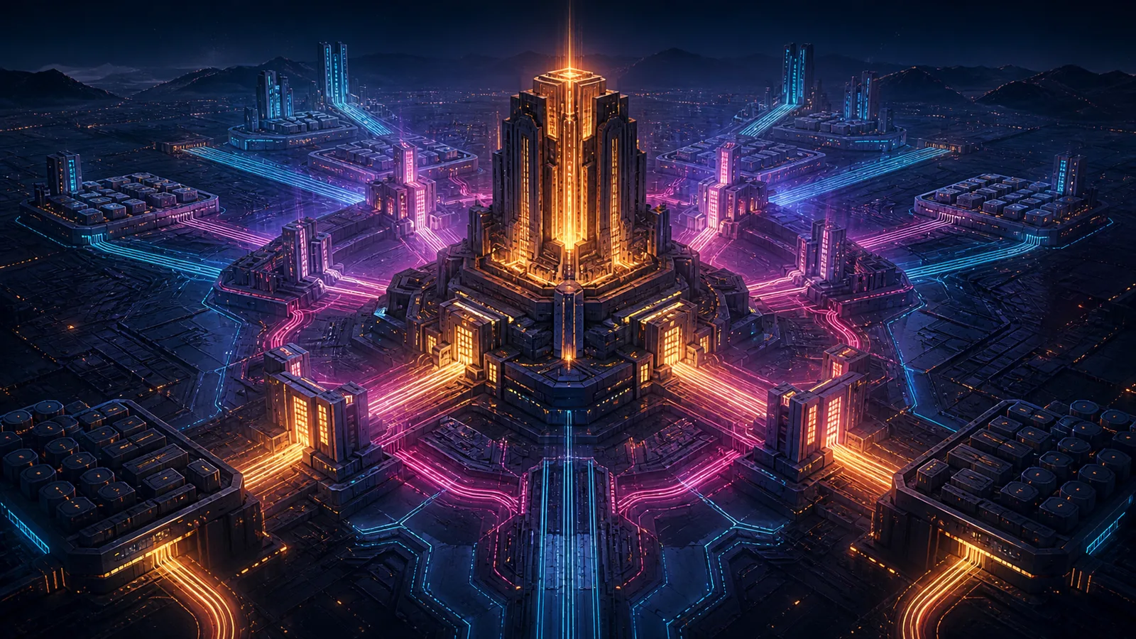 Ciudad retrofuturista vista desde arriba: una torre central de cómputo conectada por rutas luminosas a distritos de memoria y almacenamiento.